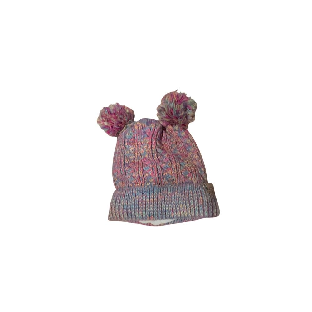 Multicolor Knit Double Pom Beanie Pink Blue Fleece Lined Winter Hat